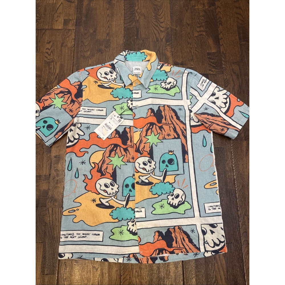 Zara Green Comic Strip Skull Print Button Up Shirt Mens Size S Relaxed Fit NEW
